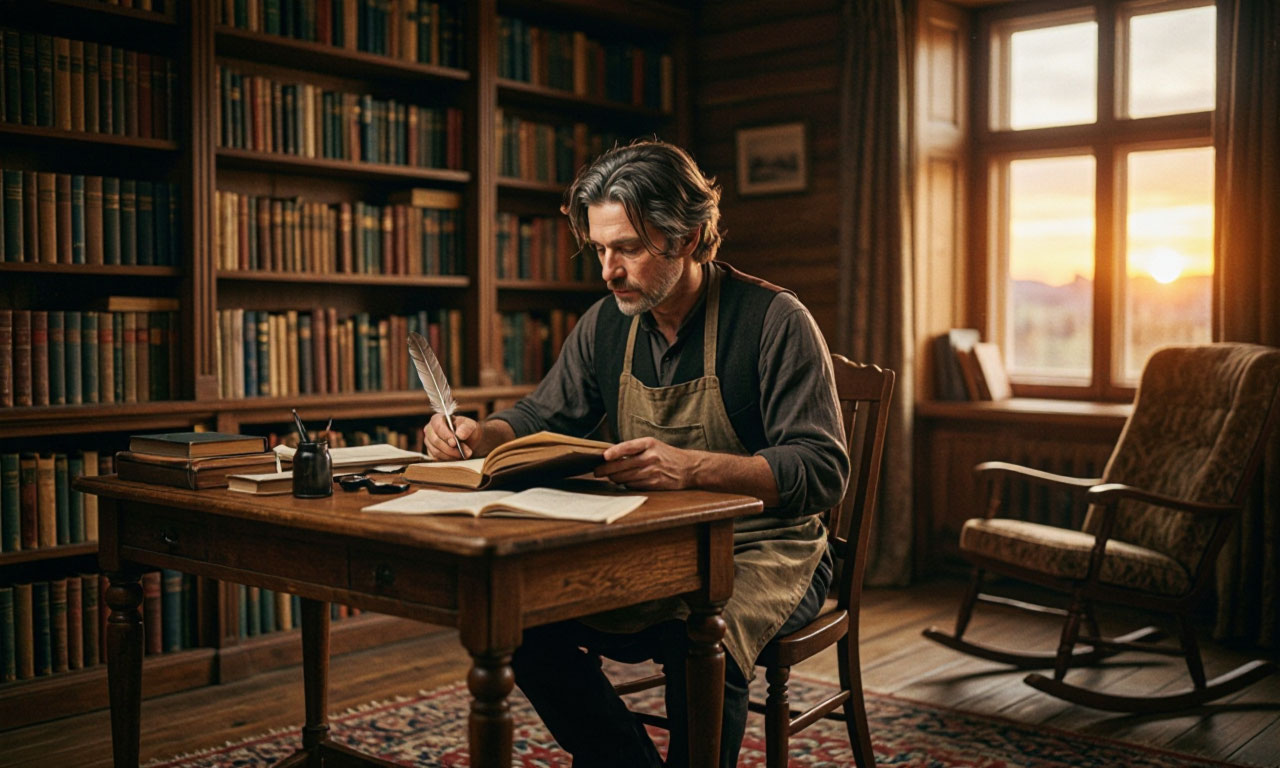 Атмосферная гостиная с книгами, мягким светом и креслом у окна